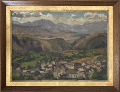 an oil painting of a view of a village in the mountains