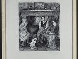 a black and white drawing of a family sitting in front of a fireplace