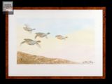tableau représentant une volée de canards survolant un champ d'herbe sèche