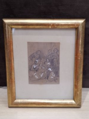 cadre doré orné d'un dessin représentant un homme et une femme à cheval