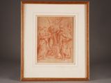 a framed drawing of a group of people in a landscape