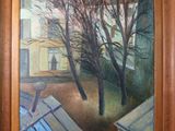 une peinture à l'huile représentant une maison avec un arbre devant
