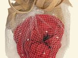 a red flower with a veil on top of it