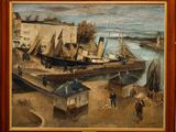 tableau représentant un tableau d'un bateau dans un port, avec des gens qui se promènent autour