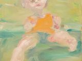 une peinture à l'huile représentant un bébé vêtu d'un t-shirt jaune, assis sur une surface verte