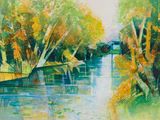 a painting of a river running through a forest