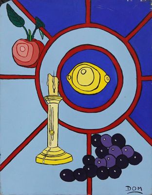une photo d'un tableau représentant une bougie et des raisins