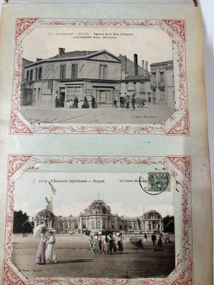an old photo of a couple of old postcards of a building