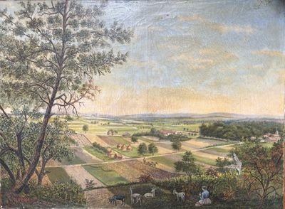 un tableau représentant la vue d'une ferme depuis une colline