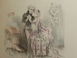 a drawing of a woman sitting on a chair in a room