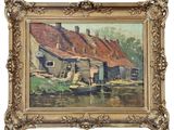 an oil painting of a village scene with a boat in the water