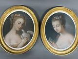 two framed portraits of a woman holding a bird and a bird in her hand