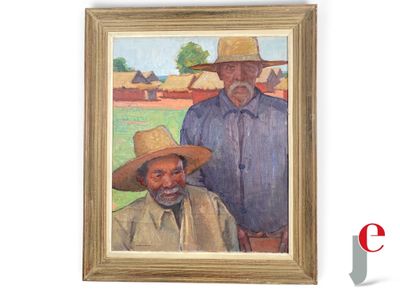 un tableau représentant deux hommes coiffés de chapeaux, accroché au mur