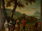 tableau représentant un groupe d'enfants jouant avec un chien dans un paysage boisé
