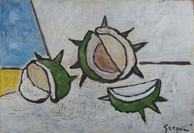 a painting of fruit on a table with a blue and yellow background