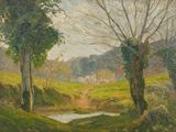 tableau représentant un ruisseau traversant un champ verdoyant et luxuriant, avec des arbres au premier plan