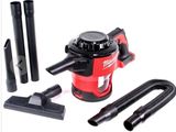 l'aspirateur est rouge et noir ; il est équipé d'un tuyau et d'un ventilateur