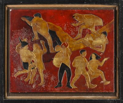 Vietnam, XXe siècle, Panneau en laque à décor en relief à l'…