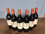 six bottles of red wine are lined up on a wooden table