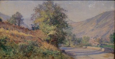 tableau représentant une route de campagne avec des arbres et des collines en arrière-plan