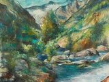 an oil painting of a river running through a lush green valley