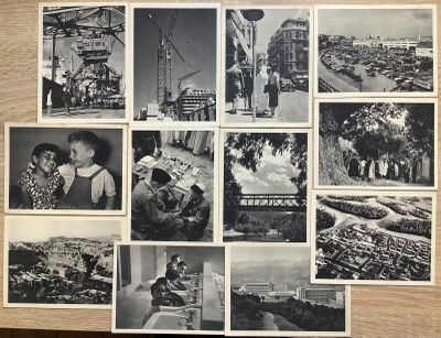 photographie en noir et blanc représentant un collage de photos de personnes et de bâtiments
