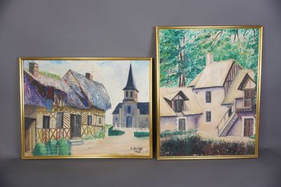 deux tableaux représentant un village avec une église et un clocher
