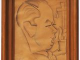 drawing of a man ' s head in a wooden frame