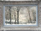painting of a snowy landscape with trees and a bench in the foreground