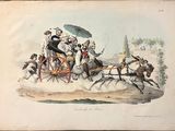 a drawing of a horse drawn carriage being pulled by a group of people