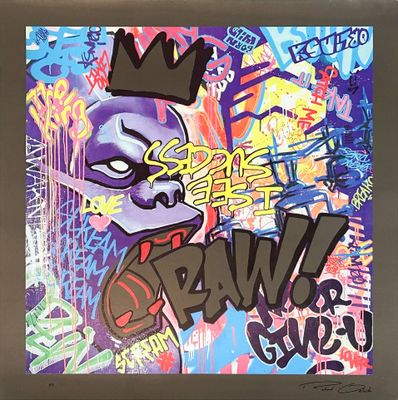 peinture représentant un graffiti surmonté d'une couronne, dans un cadre noir