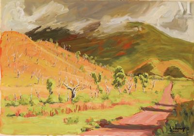 une peinture à l'huile représentant un chemin de terre dans un champ, avec une montagne en arrière-plan