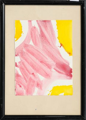 an image of a painting of a pink flower on a yellow background