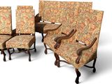 four chairs with floral upholstered back and arms and legs