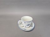 a small cup and saucer sitting on a table