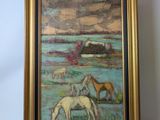 painting of horses grazing in a field with a barn in the background