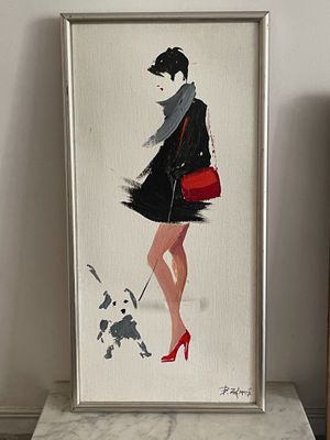 une photo d'un tableau représentant une femme promenant son chien