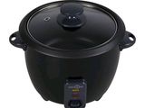 an image of a black rice cooker with a lid on a white background