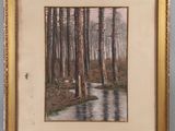 un tableau représentant un ruisseau traversant une forêt, avec des arbres en arrière-plan