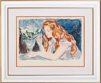 aquarelle encadrée représentant une femme tenant un vase de fleurs