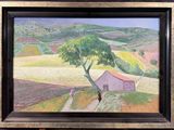 une photo d'un tableau représentant une ferme et un arbre