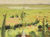 une peinture à l'huile représentant un voilier dans un champ verdoyant