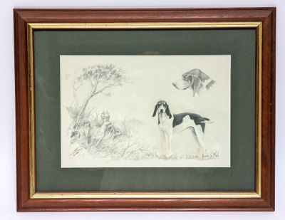 painting of a dog and a bird in a frame on a wall