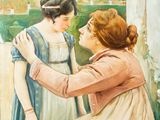 a painting of a woman sitting on a bench next to another woman