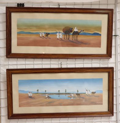 painting of a desert scene with camels and other animals hanging on a wall