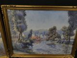 two framed paintings of a river and trees on a black background