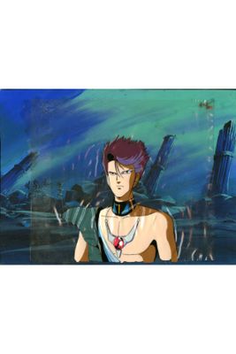 an image of a man with purple hair standing in front of a blue background