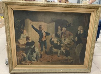 un vieux tableau représentant un homme debout devant un groupe de personnes