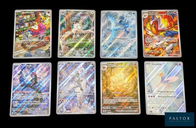 Six cartes Pokémon différentes sont représentées sur une surface noire.