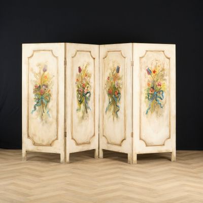 an image of a room divider with flowers painted on it